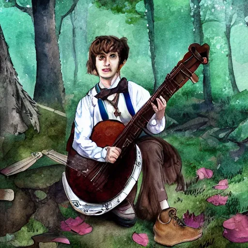 Prompt: A minstrel playing a lute in a forest, Steampunk, watercolor, Digital Art. Artstation. Detailed.