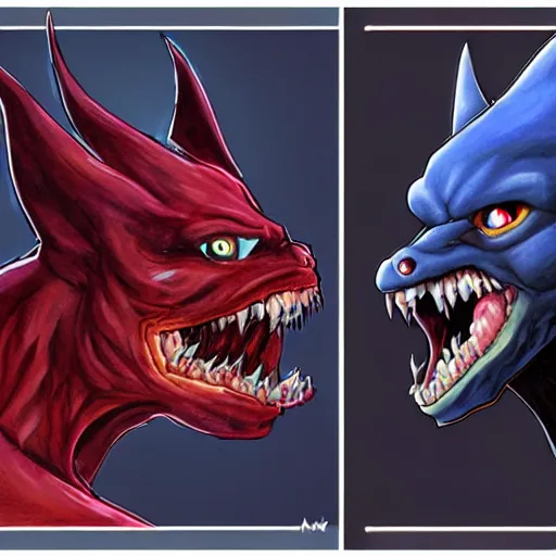 Image similar to front and back character view of scary, giant, mutant, mutated, dark blue humanoid bat, glowing red eyes, flying above a stormy ocean, sharp teeth, acid leaking from mouth, realistic, giant, bat ears, bat nose, bat claws, bat wings, furred, covered in soft fur, detailed, trending on artstation clean concept art and sheet that using unreal engine 5 render and hyper detailed 3D texture with cinematic software light 85mm f/1.4