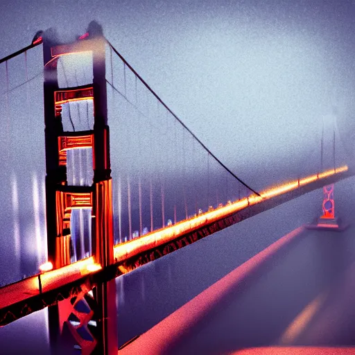 Image similar to Golden gate bridge,it is raining, night time , peaceful atmosphere, moody lighting , digital art , highly detailed , high contrast, beautiful lighting, award winning , trending on art station, photorealistic, 8k