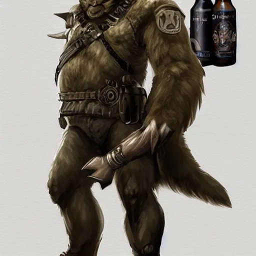 Image similar to a humanoid german shepherd beast - man in military style, holding a bottle of beer, artstation, concept art, smooth, sharp foccus ilustration, artstation