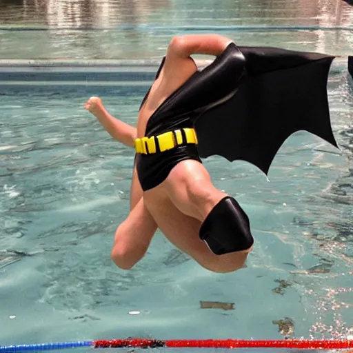 Image similar to batman doing a dive in the local pool