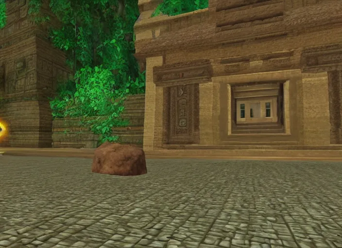 Prompt: a lonely temple next to an ancient city. screenshot of ocarina of time. nintendo 6 4 ( 1 9 9 6 )