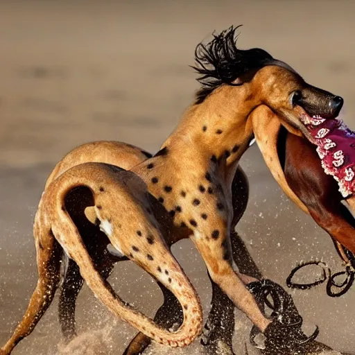 Image similar to National Geographic photo of horse full of octopus being eaten by African hunting dogs