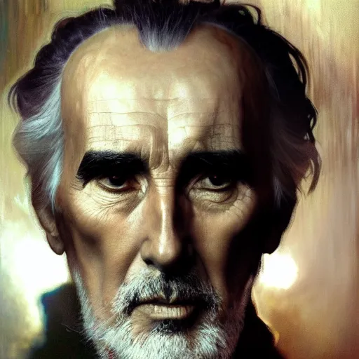 Image similar to hyperrealist portrait of christopher lee as an ancient old alien with large cruel intelligent eyes and a huge head standing in front of a computer interface by jeremy mann and alphonse mucha and alan lee, fantasy art, photo realistic, dynamic lighting, artstation, poster, volumetric lighting, very detailed faces, award winning, full face, symmetry