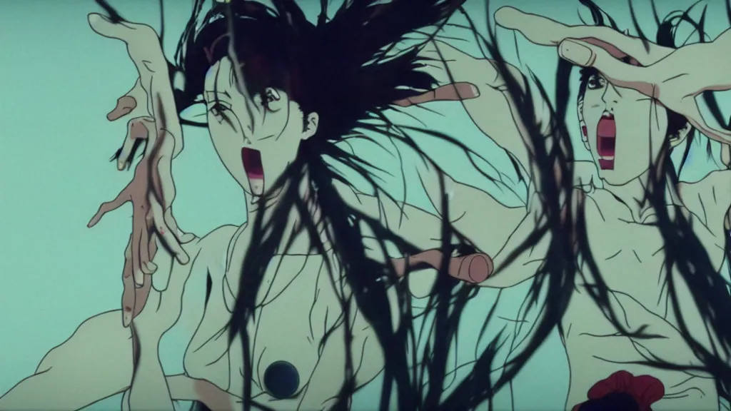 Prompt: french voguing dance horror movie, anime film still from the an anime directed by katsuhiro otomo with art direction by salvador dali, wide lens