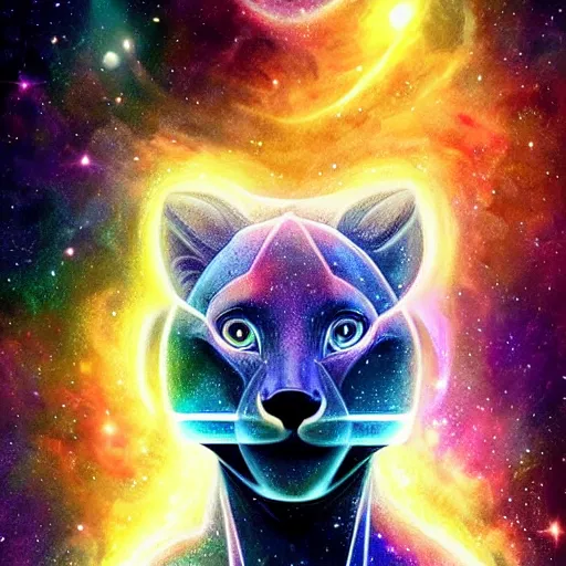 Prompt: Geometric symmetrical fossa with galaxy eyes in space, nebula in the background, intricate, elegant, highly detailed, digital painting, artstation, concept art, smooth, sharp focus, illustration, art by artgerm