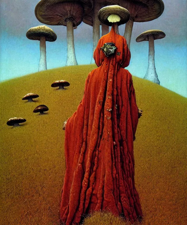 Image similar to A detailed funguswoman stands among the mushroom hills. Wearing a ripped mantle, robe. Perfect faces, extremely high details, realistic, fantasy art, solo, masterpiece, art by Norman Rockwell, Zdzisław Beksiński