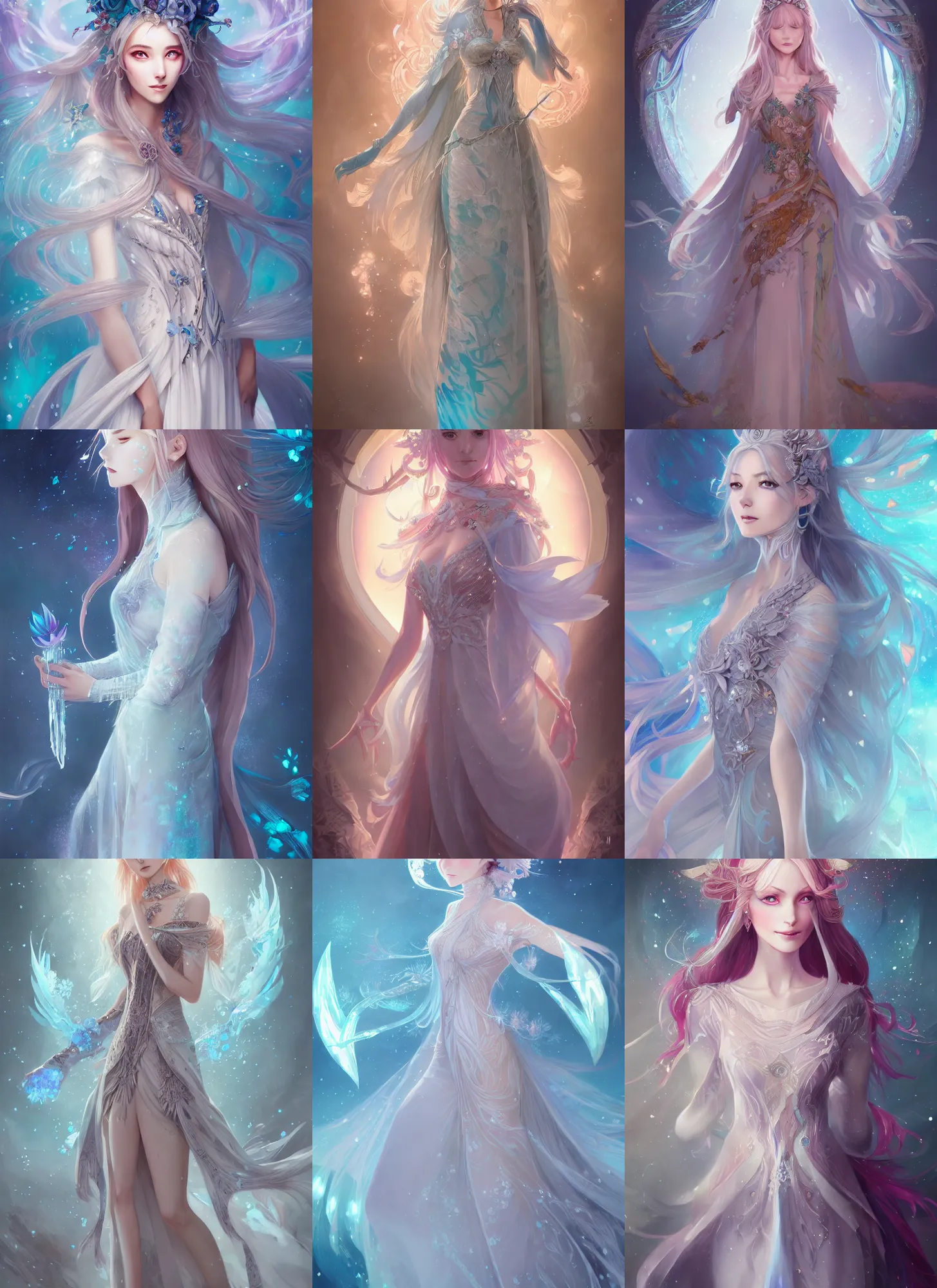 Prompt: detailed, sharp, full body portrait of a fantasy female mage wearing logn dress using ice flower by Anna Dittmann and Rossdraws, digital art, trending on artstation, anime arts, featured on Pixiv, HD, 8K, highly detailed, good lighting, beautiful, epic, masterpiece