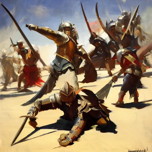 Image similar to greg manchess portrait painting of people stripping over a pile of swords in an arena, medium shot, asymmetrical, profile picture, organic painting, sunny day, matte painting, bold shapes, hard edges, street art, trending on artstation, by huang guangjian, gil elvgren, ruan jia, randy vargas, greg rutkowski