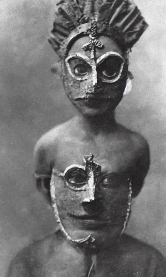 Image similar to person wearing spiritual hindu mask, ww1 photo, grainy, high detail, high resolution,