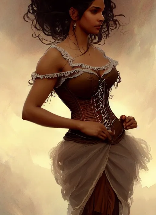 Image similar to cute brown woman wearing a translucent corset dress, fantasy, intricate, highly detailed, digital painting, artstation, concept art, wallpaper, smooth, sharp focus, illustration, art by artgerm and greg rutkowski and alphonse mucha