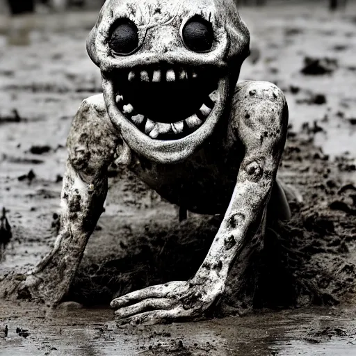 Prompt: something dead and rotten and grinning clawing its way through the mud, eyes bulging grotesquely, horror, photography