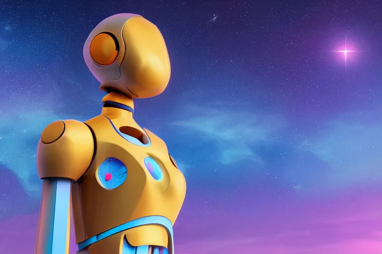 Image similar to a beautiful calm robot girl looking up to the stars, photograph, colorful background, render, 3 d, render, 8 k, 4 d,