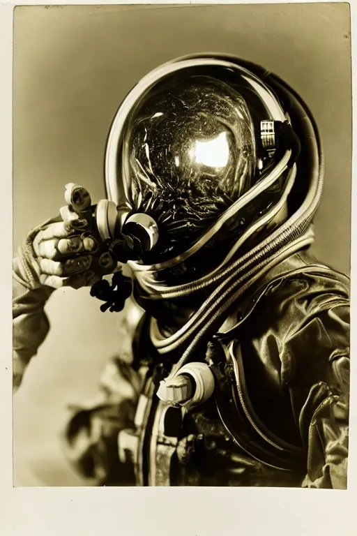 Image similar to extremely detailed studio portrait of space astronaut, alien tentacle protruding from eyes and mouth, slimy tentacle breaking through helmet visor, shattered visor, full body, soft light, disturbing, shocking realization, award winning photo by james van der zee