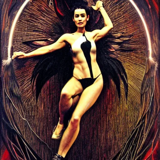 Image similar to young jennifer connelly the dark swan queen, black feathers instead of hair, feathers growing out of skin, black bodysuit, moulting, suspended in zero gravity, on spaceship with cables hanging down, highly detailed, mike mignogna, ron cobb, mucha, oil painting