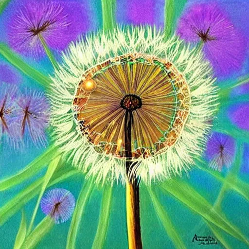 Image similar to a beautiful fairytale painting of a dandelion seed that is also a fairy. the dandelion seed is the body of the fairy. beautiful clear painting by arthur
