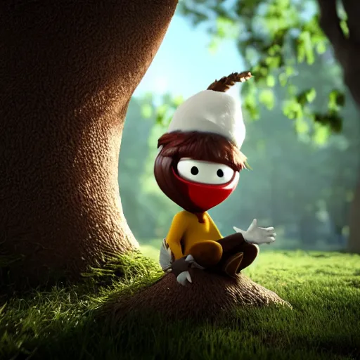 Image similar to anthropomorphic acorn criminal, sitting in a tree, photorealistic, 3 d model, unreal engine, octane render, ultra quality, eerie lighting, dynamic shadows, 4 k