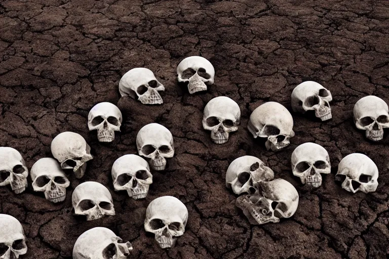 Image similar to A pile of human skulls on the dry cracked dirt ground, HD, 8k, cinematic shot, highly detailed, low saturation