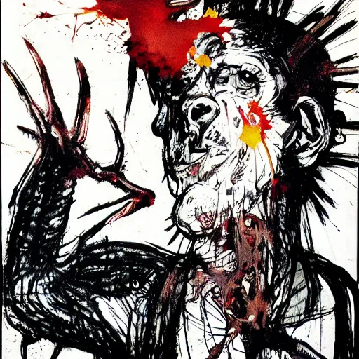 Image similar to Graphic Illustration, Creative Design, Satan, Biopunk, Body Horror, Full Body Portrait, Character Design, by Ralph Steadman, Francis Bacon, Hunter S Thompson