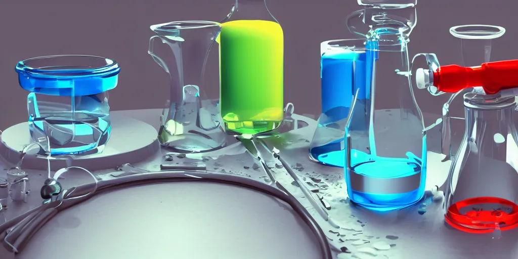 Image similar to instruments being used to mix chemicals, scientist, blender, 3d, apartment