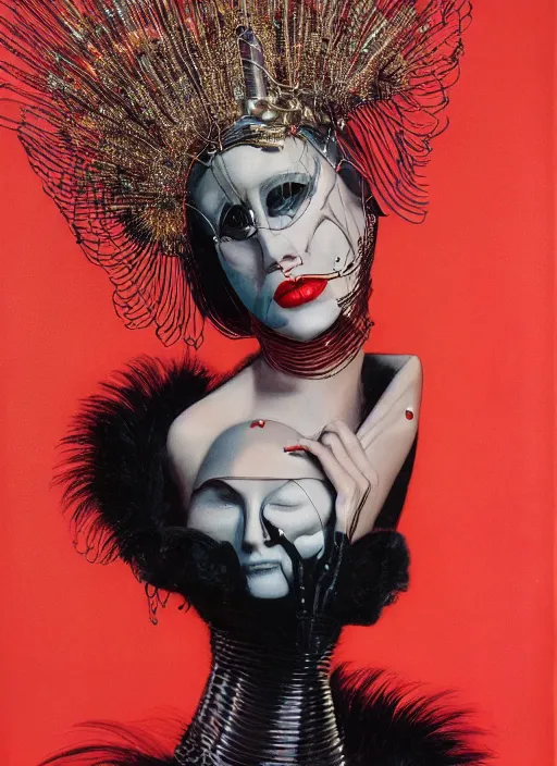 Image similar to an 8 0 s portrait of a woman with dark eye - shadow and red lips with dark slicked back hair, a mask made of wire and beads, dreaming acid - fueled hallucinations by serge lutens, rolf armstrong, delphin enjolras, peter elson, red cloth background