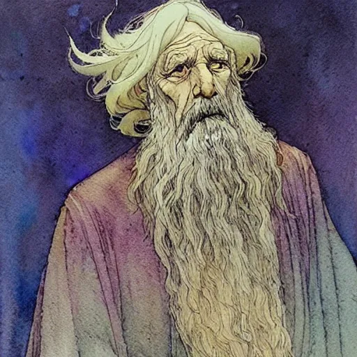 Prompt: a simple and atmospheric watercolour fantasy character concept art portrait of an old and wise wizard, very muted colors, by rebecca guay, michael kaluta, charles vess and jean moebius giraud