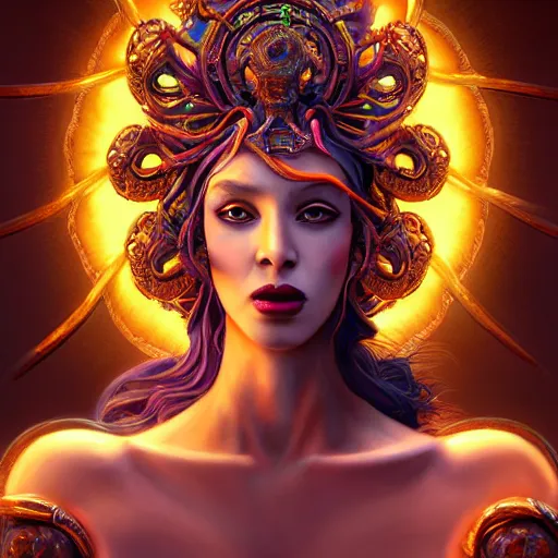 Image similar to six armed goddess, a god, god, ecstatic, infinite power, manic, perfect eyes, full body shot, magical being, magic, portrait, noble, transformation, vivid colors, elegant, concept art, sharp focus, digital art, Hyper-realistic, 4K, Unreal Engine, Highly Detailed, HD, Dramatic Lighting by Brom, trending on Artstation