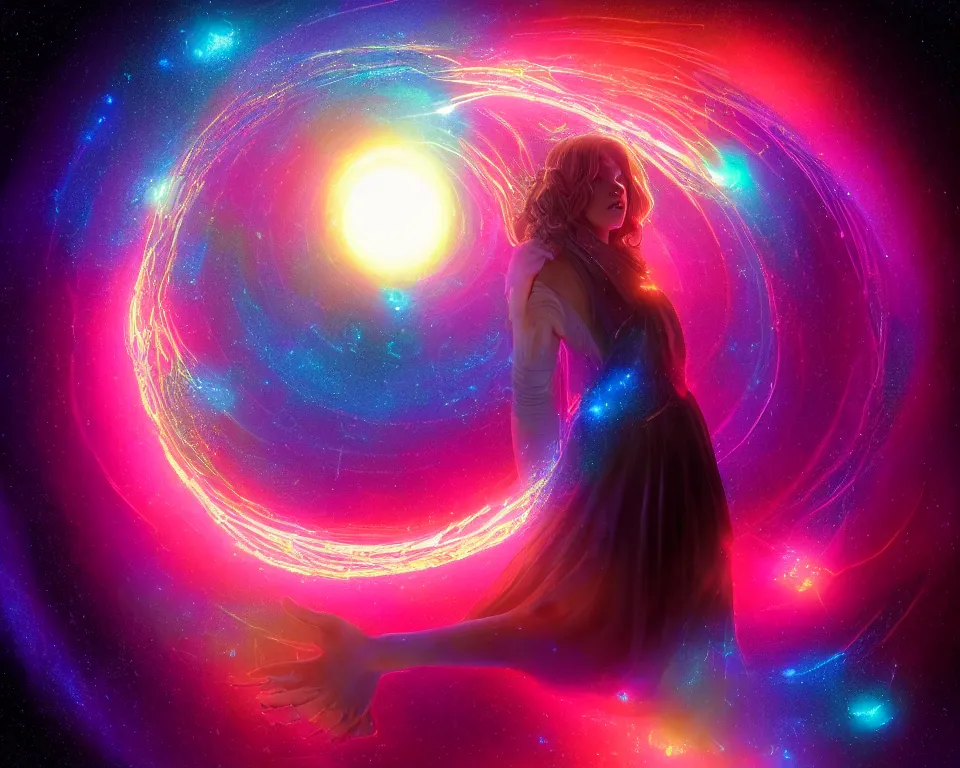 Image similar to a beautiful whimsical woman standing under a multi-colored binary blackhole with an accretion disc, casting magic, glowing trails following her arms, intricate repeating geometric patterns, fractals, by Ross Tran, by Greg Rutkowski, by artgerm, by beeple, by moebius, cinematic angle, volumetric lighting, 4k resolution, octane render, trending on artstation, masterpiece