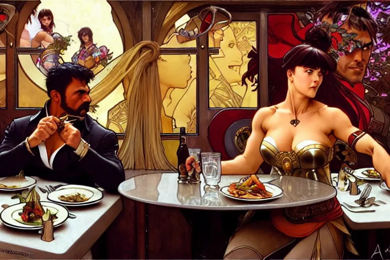 Image similar to xena warrior princess eating at a restaurant, with a hispanic man in a suit as her companion, art by artgerm and greg rutkowski and alphonse mucha