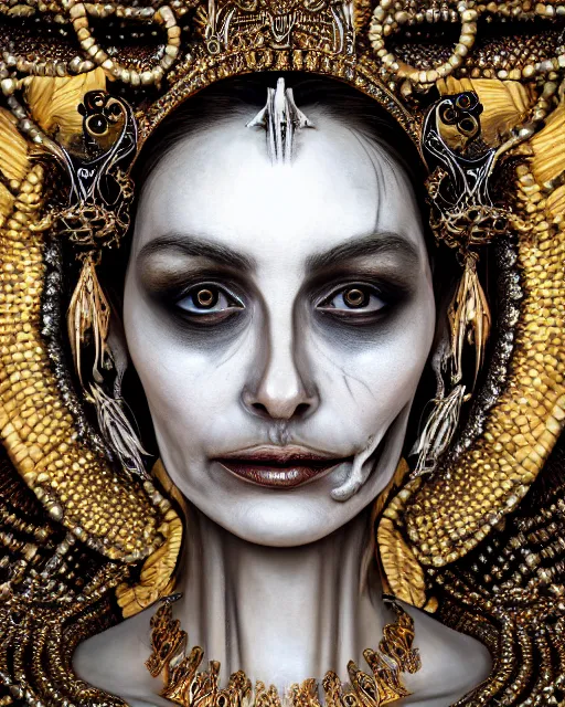 Image similar to realistic portrait of a queen of bones, dark, gold, silver ornaments, facing camera, photo realistic, detailed, 1 4 5 0, delicate, hyper realism, ultra realistic, 8 k