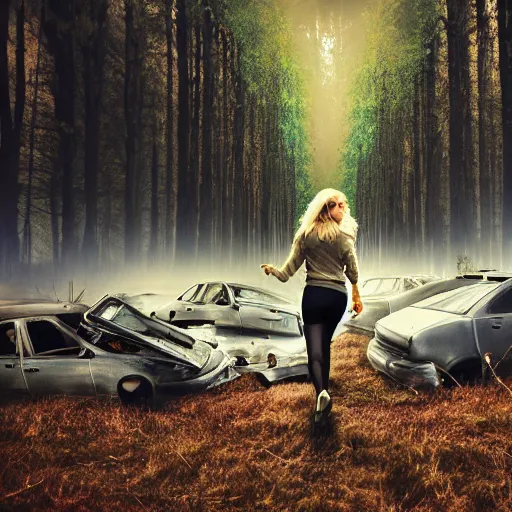 Prompt: beautiful blonde female cop walking through forest of crashed cars, wide shot, full perspective, curvy, mystery, fog, night time, starry skies.