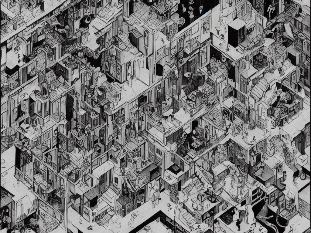 Image similar to fine portrait of a void engineer girl in the style of brecht evens focused on fixing samsara generator in the style of mc escher, intricate, stunning