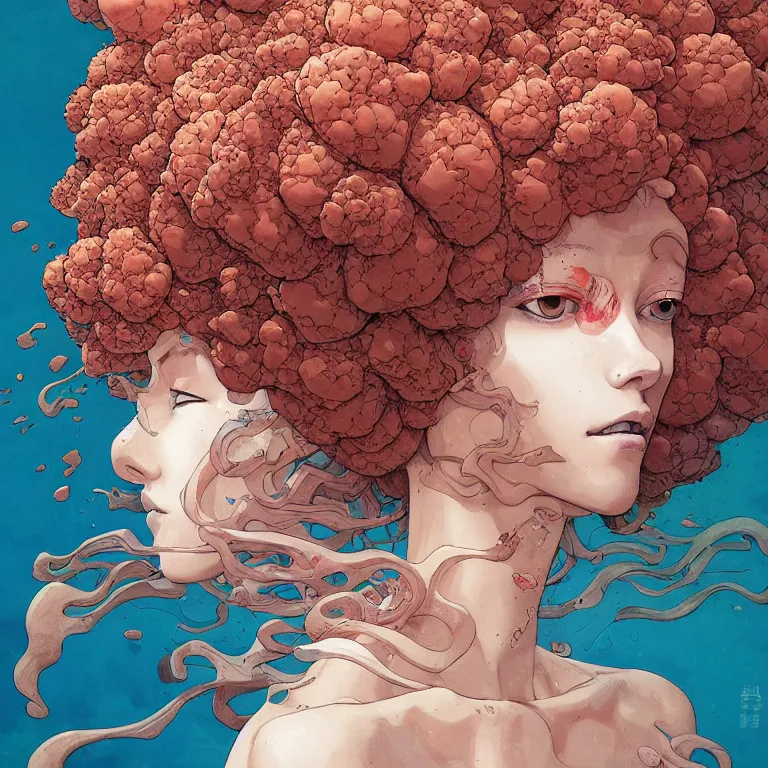 Image similar to woman with coral reef hair portrait soft light painted by james jean and katsuhiro otomo and erik jones, inspired by akira anime, smooth face feature, intricate oil painting, high detail illustration, sharp high detail