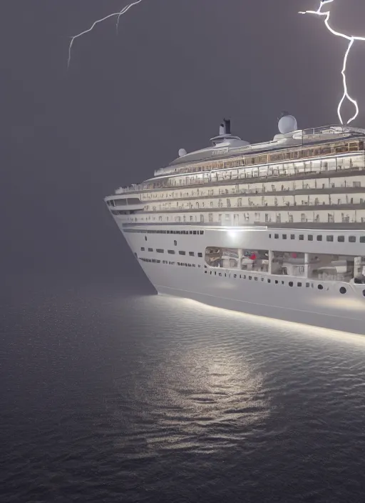 Image similar to silver cruise ship struck by lightning unreal 5, DAZ, hyperrealistic, octane render, dynamic lighting