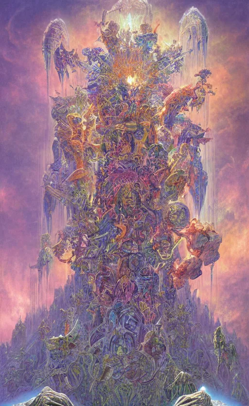 Image similar to epic omnious academic drawing of three levels of wh40k chaotic deities/gods/demiurges organized into a vertical hierarchy in vivid iridescent warp heaven by James Gurney, Zdislaw Beksinski, Alex Gray, Greg Rutkowski, Robert McCall