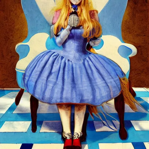 Image similar to alice in the wonderland, chairs, sitting, wood floor, blue dress, blonde by cheval michael