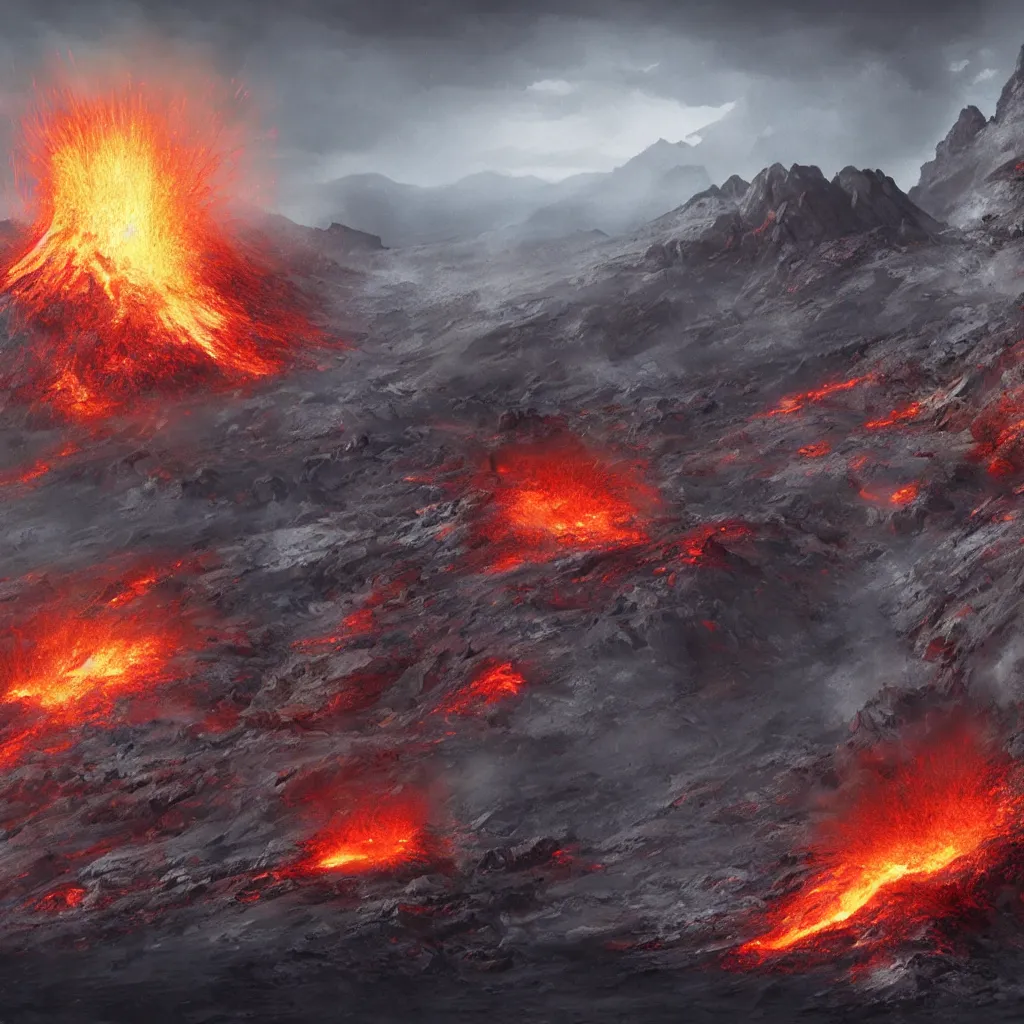 Image similar to volcano eruption on alien planet, 4 k, epic, detailed, concept art by jonathan guzi