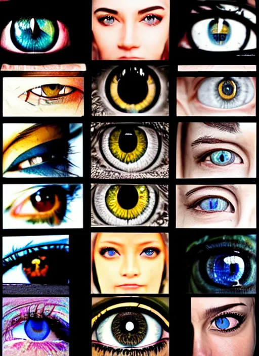 Image similar to grid montage of square shaped eyes, square shaped dilated pupils, square irises, detailed colored textures, eyelashes, advanced art, art styles mix, from wikipedia, wet reflections in eyes, sunshine light, hd macro photograph, from side, various eyelid positions, square black pupil centered