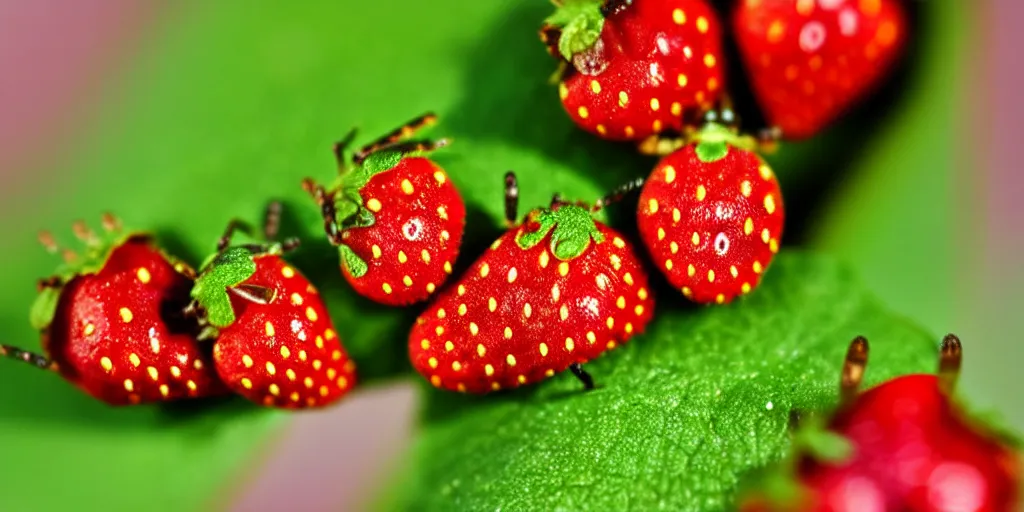 Prompt: macro photorealism, little scarry insects living on strawberry