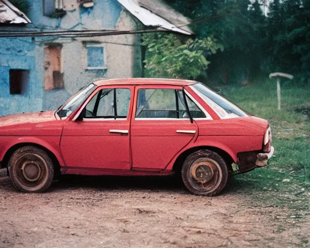 Prompt: a lomographic photo of old lada 2 1 0 7 concept car standing in typical soviet yard in small town, hrushevka on background, cinestill, bokeh