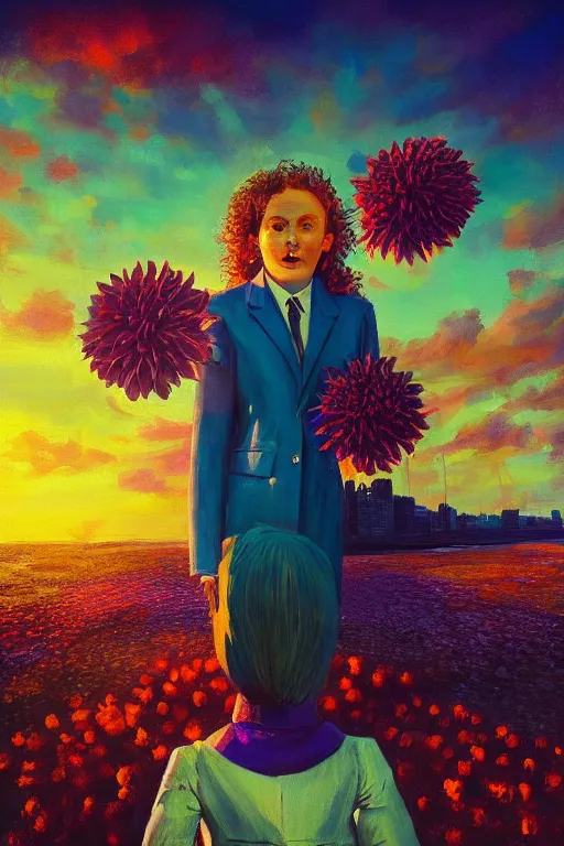 Image similar to closeup giant dahlia flower head, girl in a suit, in a city, surreal photography, blue sky, sunrise, dramatic light, impressionist painting, digital painting, artstation, simon stalenhag