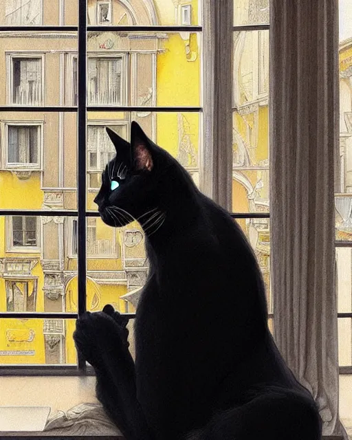 Image similar to Portrait of a giant black cat with yellow eyes looking at a sleeping blonde lady through a window in Lisbon, real life skin, intricate, elegant, highly detailed, artstation, concept art, smooth, sharp focus, art by artgerm and greg rutkowski and alphonse mucha