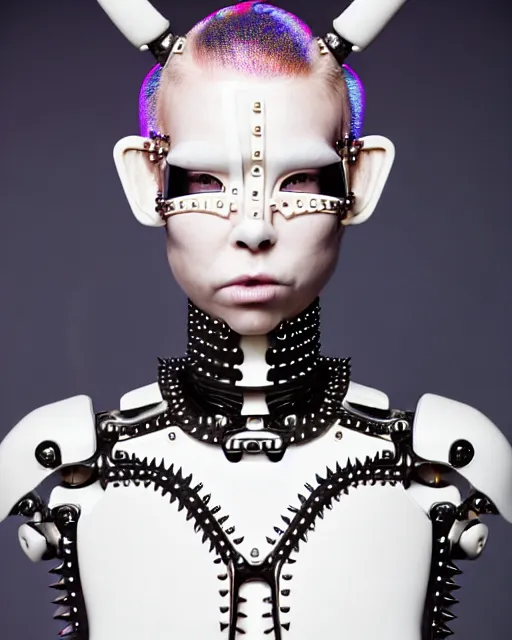 Image similar to symmetrical portrait of a biomechanical cyborg wearing a silicone steel spikes studded iridescent beauty mask and neon hair buns, wearing a black bodysuit by alexander mcqueen, cream white background, soft diffused light, biotechnology, humanoid robot, bjork aesthetic, translucent, by rineke dijkstra, intricate details, highly detailed, masterpiece,