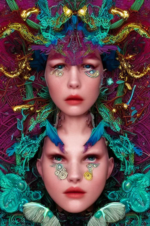 Prompt: cinema 4d colorful render, organic, dark scene, ultra detailed, of a porcelain beautiful grimes face. biomechanical, analog, macro lens, hard light, big leaves and large orange Dragonflies, stems, roots, fine foliage lace, turquoise gold magenta mint green details, high fashion haute couture, art nouveau fashion embroidered, intricate details, mesh wire, mandelbrot fractal, anatomical, facial muscles, cable wires, elegant, hyper realistic, in front of dark flower pattern wallpaper, ultra detailed