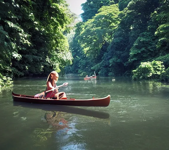 Image similar to a girl rowing a small rowboat, girl is focus, medium shot. Narrow river, close river bank, shady, forest, jungle, vines, trees, ripples, reflections. By Makoto Shinkai, Stanley Artgerm Lau, WLOP, Rossdraws, James Jean, Andrei Riabovitchev, Marc Simonetti, krenz cushart, Sakimichan, D&D trending on ArtStation, digital art.