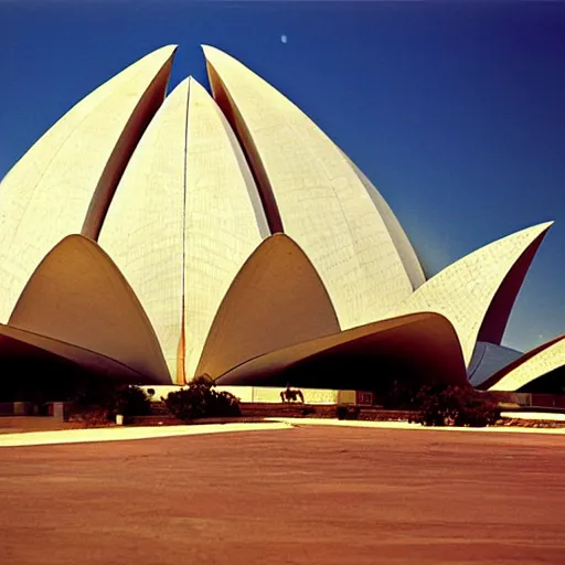 Image similar to futuristic lotus temple with gold, red and white marble panels, in the desert, by buckminster fuller and syd mead, intricate contemporary architecture, photo journalism, photography, cinematic, national geographic photoshoot