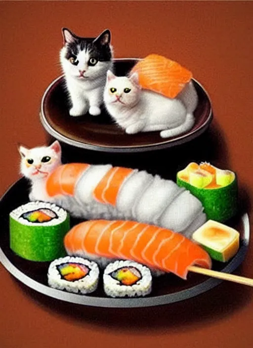 Image similar to clear photorealistic picture of adorable cats made out of sushi