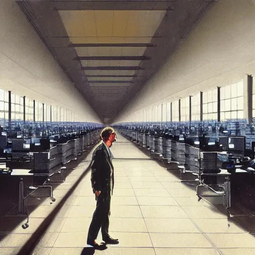 Prompt: digital artwork of lone person working in a huge room full of cubicles, the only light is coming from his desk hyperrealism, futurism, no blur, 4 k resolution, sharp ages, ultra detailed, style of john berkey, norman rockwell, hans thoma, ivan shishkin, tyler edlin, thomas kinkad