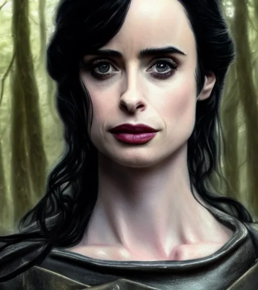 Image similar to 5 5 mm close up portrait photo of krysten ritter as yennefer of vengerberg in black leather armor and long black wavy hair, in a forest. magical atmosphere. art by greg rutkowski. lifelike. very detailed 8 k. intricate. soft light. nikon d 8 5 0.