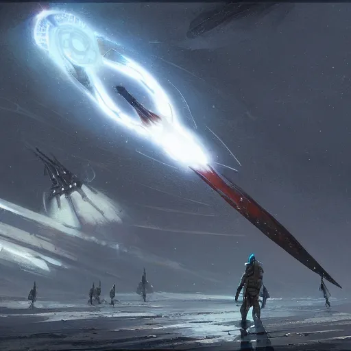 Image similar to concept art of a large space vessel in the shape of an spear by greg rutkowski